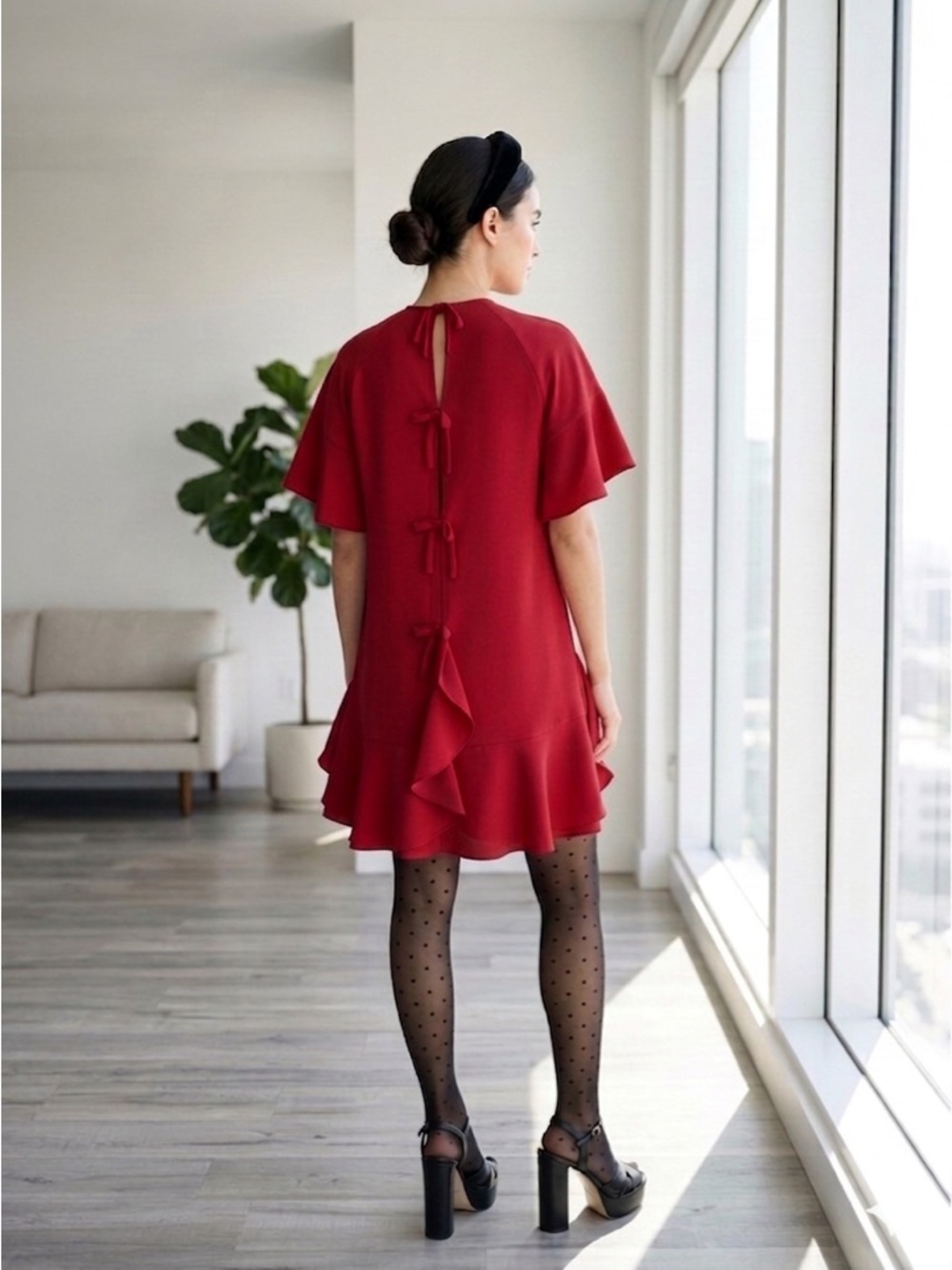 RED Valentino Cherry Red Ruffle Shift Dress with Bow Details - US 0 (IT 36)